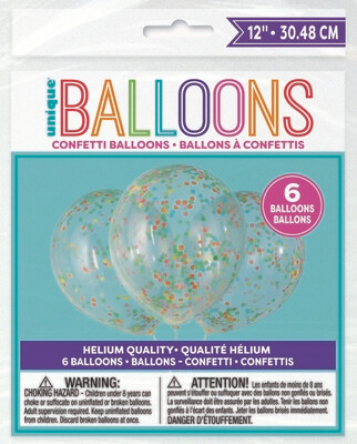 12" Clear Balloons with Multi Colored Confetti (6 balloons per bag)