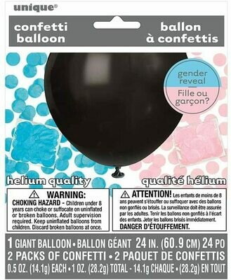 Black 24" Gender Reveal Balloon with Blue or Pink Confetti...you choose!