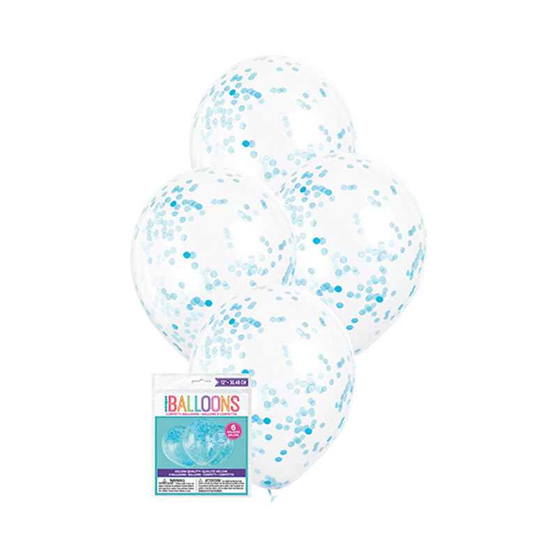 12" Clear Balloons with Blue Confetti (6 balloons per bag)
