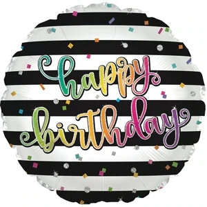 17" Happy Birthday Black Stripes Foil Balloon