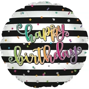 17" Happy Birthday Black Stripes Foil Balloon