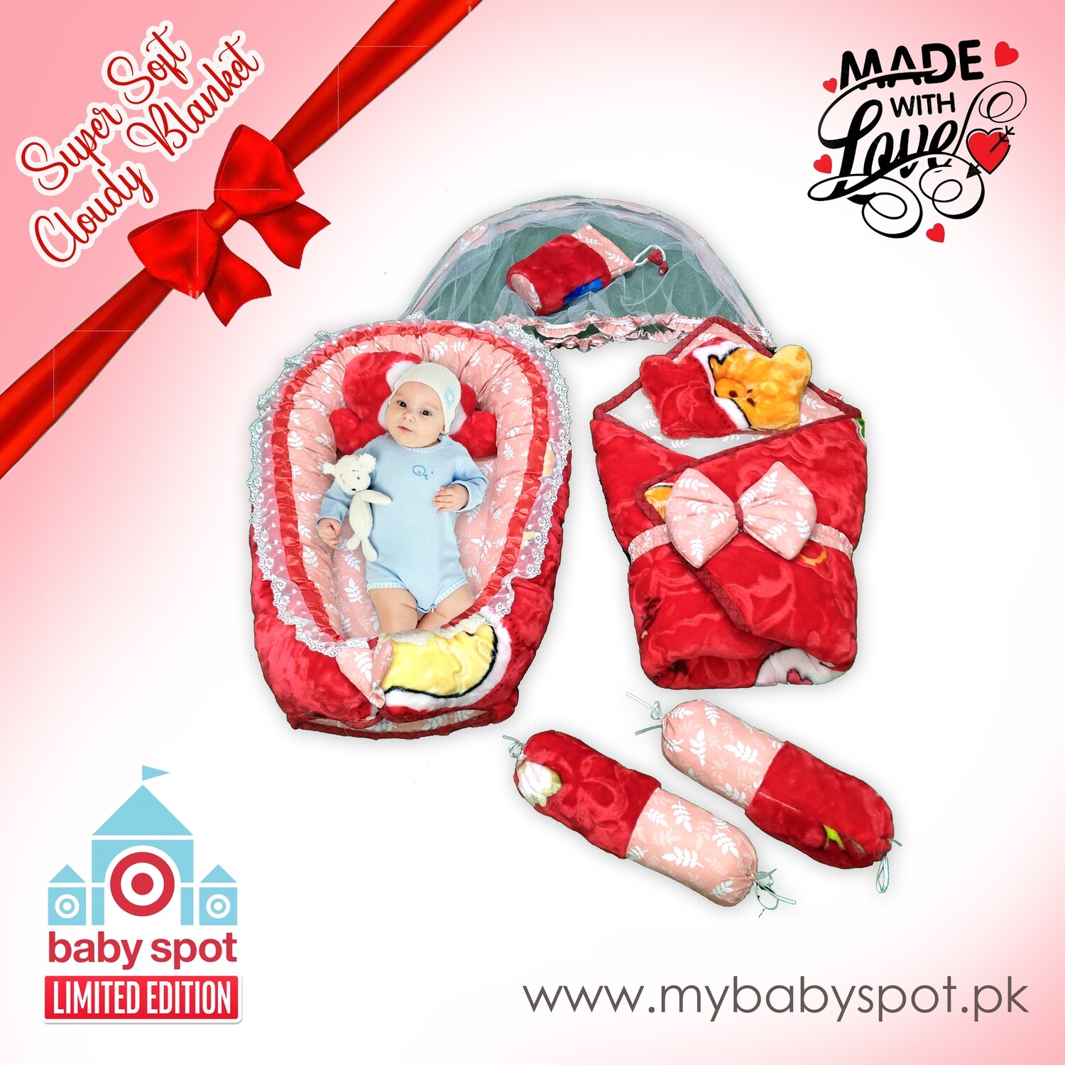 Cloudy Blanket Stuff -- 9pcs Baby Snuggle Bed Set (Red)