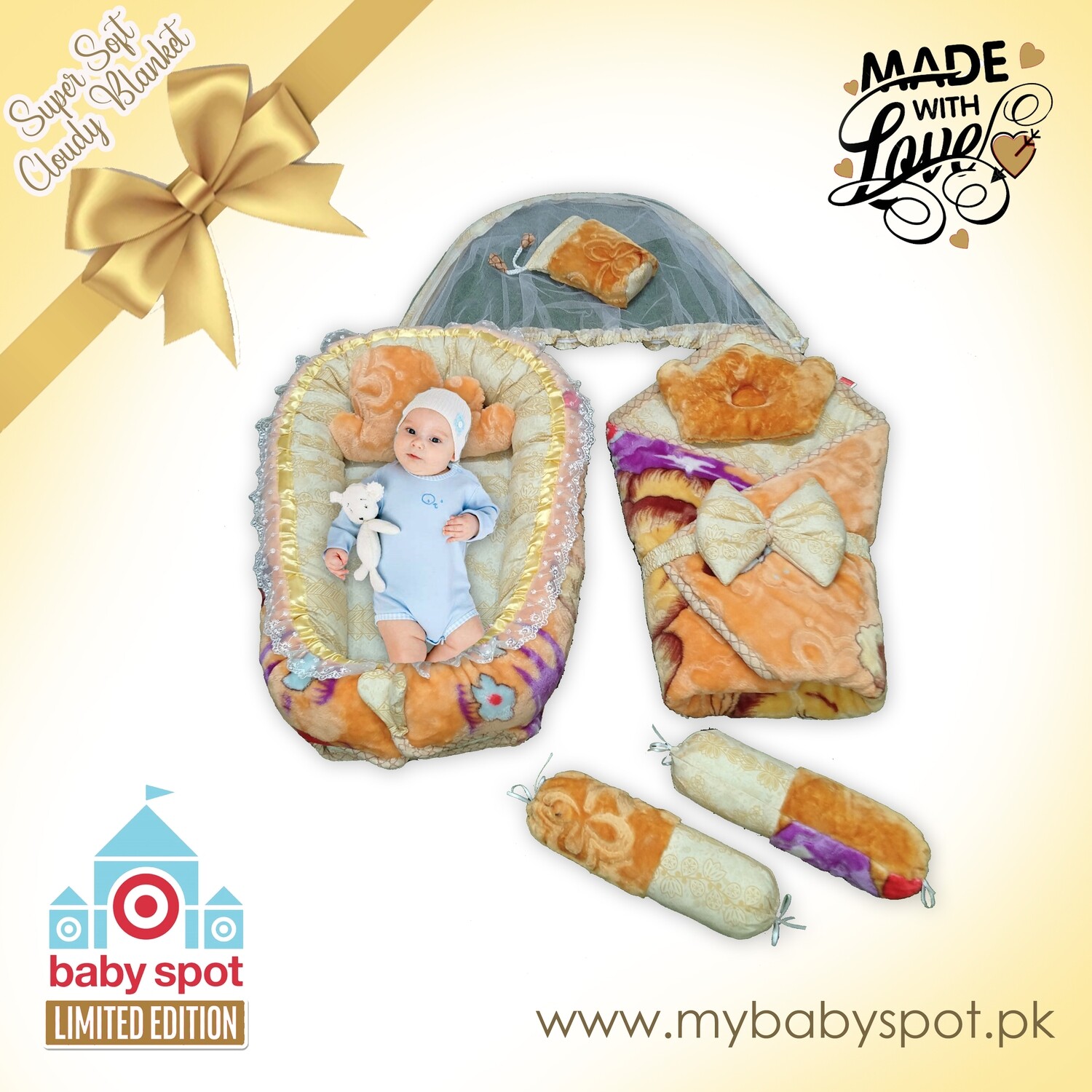 Cloudy Blanket Stuff -- 9pcs Baby Snuggle Bed Set (Camel Brown)