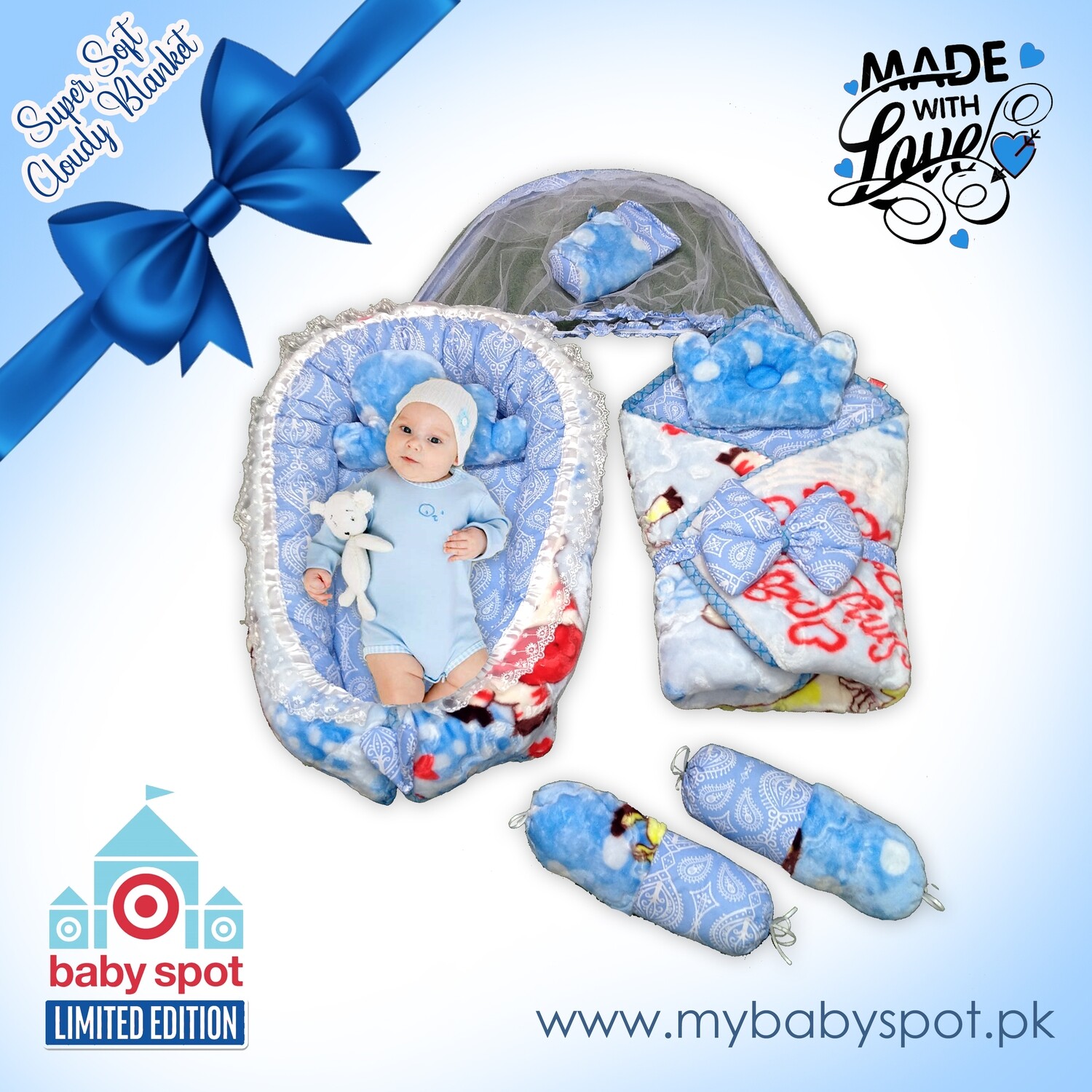 Cloudy Blanket Stuff -- 9pcs Baby Snuggle Bed Set (Light Blue)