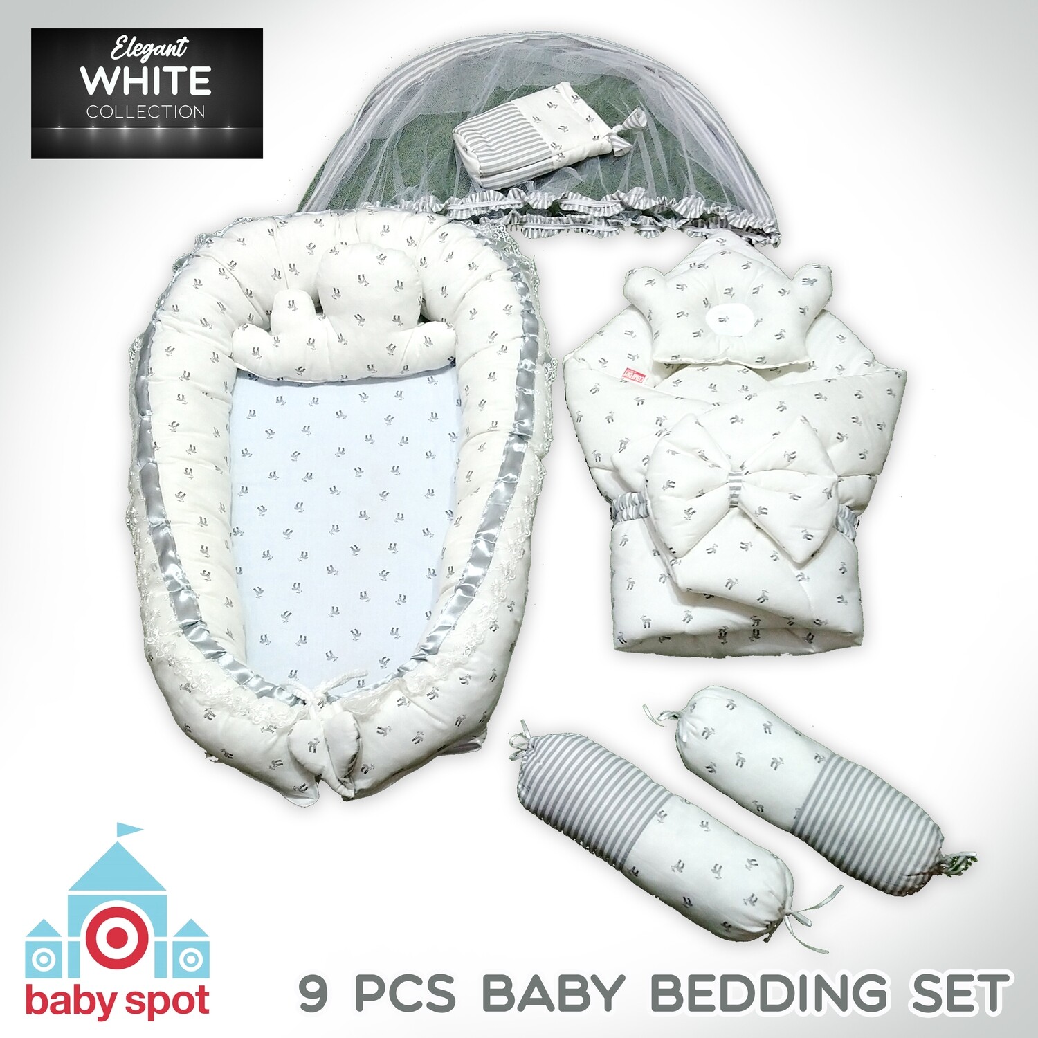 9pcs Baby Snuggle Bed Set -- Elegant White