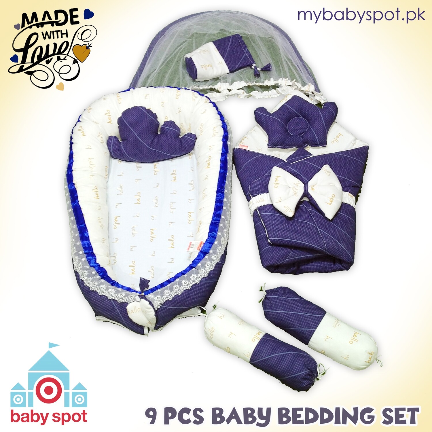 9pcs Baby Snuggle Bed Set -- Blue &amp; Gold