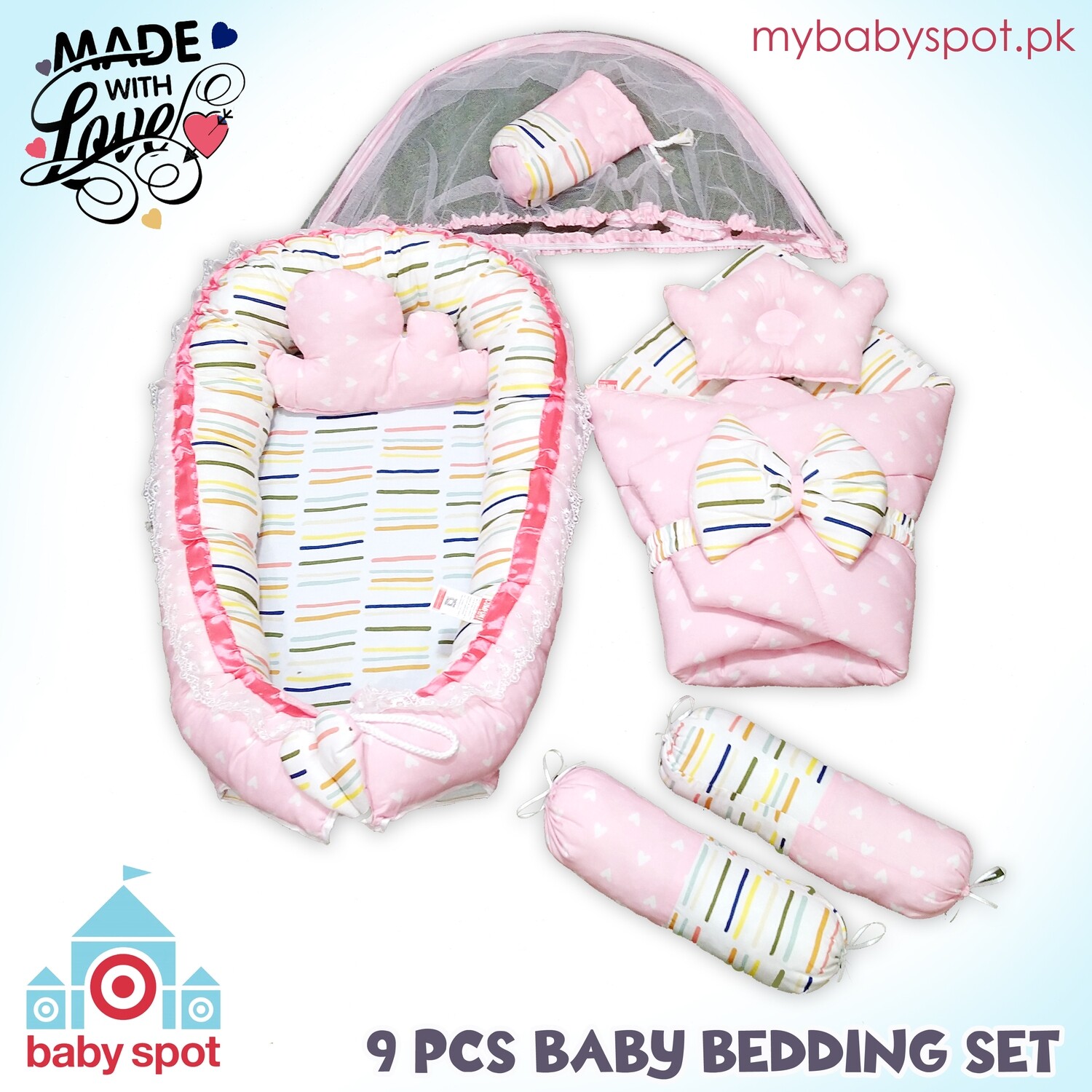 9pcs Baby Snuggle Bed Set -- Baby Pink Hearts