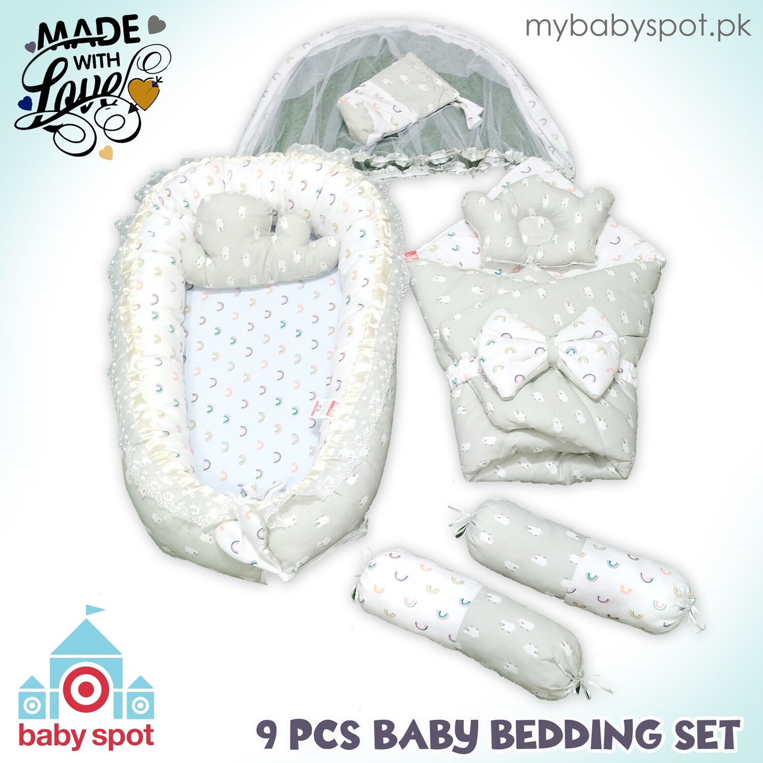 9pcs Baby Snuggle Bed Set -- English Grey &amp; White Rainbow