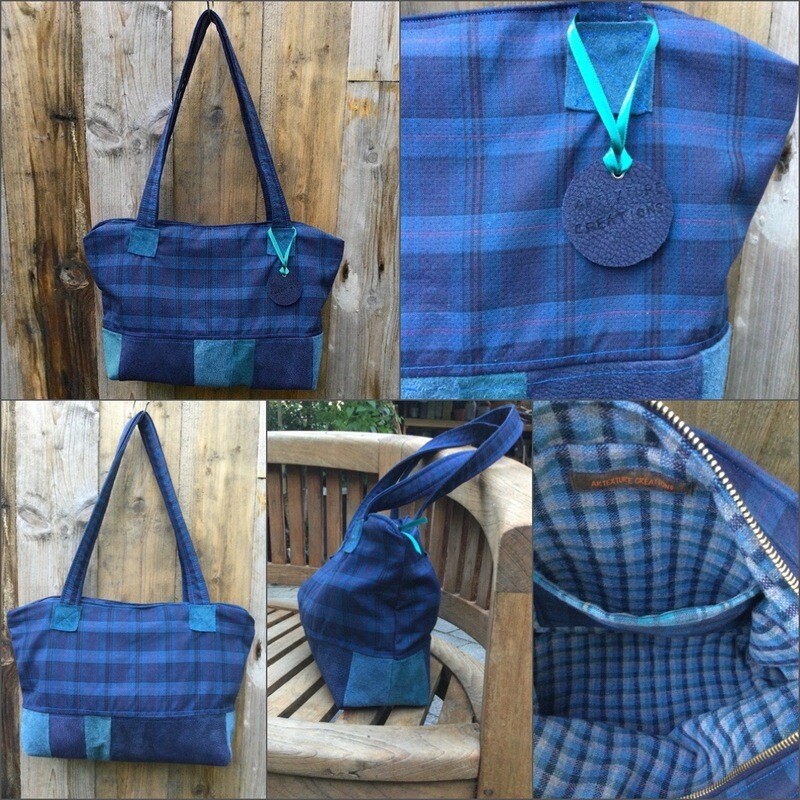Sac cabas bleu écossais et cuir