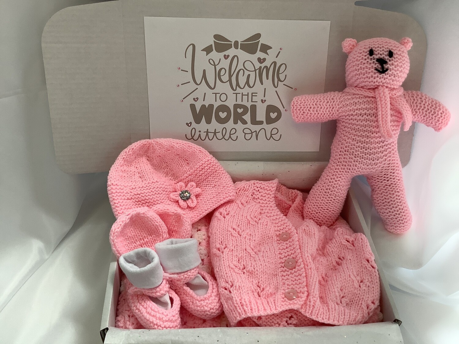 Baby girl pink gift set, crochet baby blanket, knitted cardigan hat bootees mitts and teddy bear
