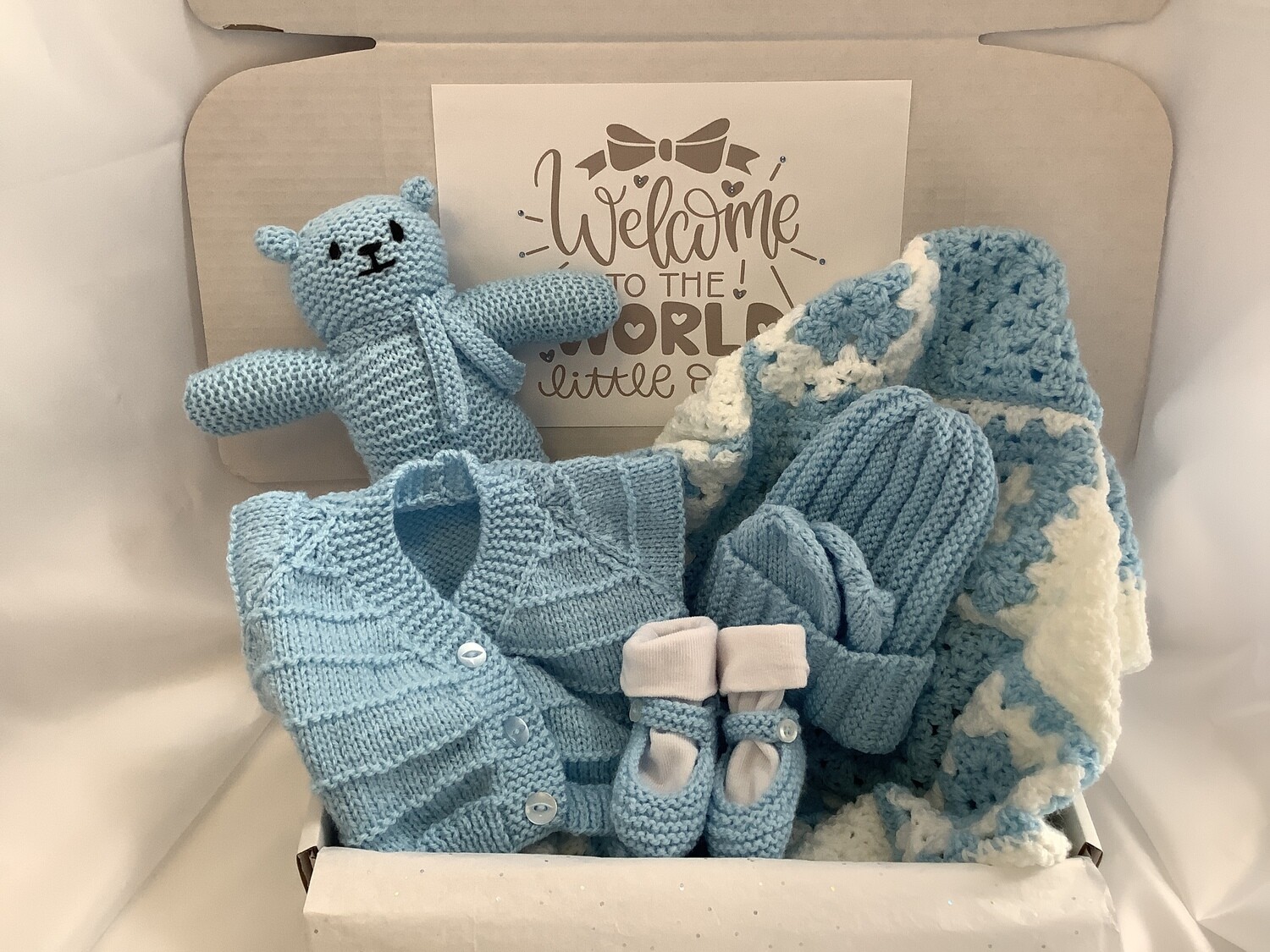 Baby boy blue gift set, blue baby blanket, baby cardigan and hat mitts bootees set