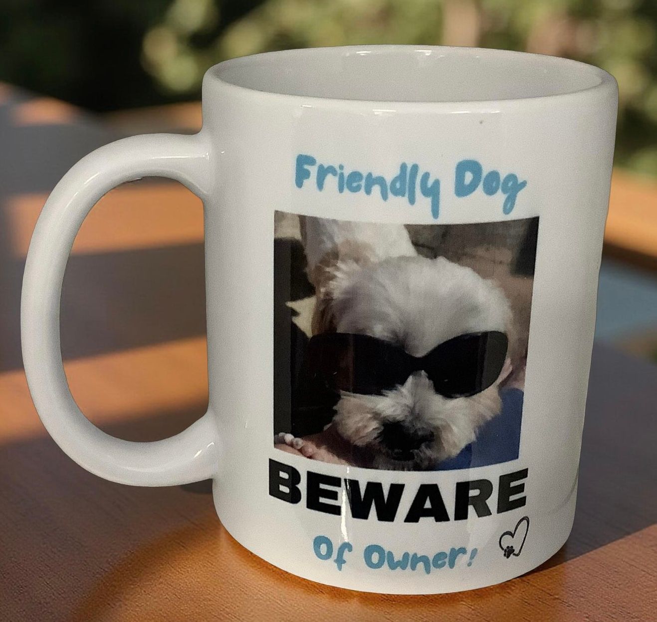 Personalised dog pet photo mug, Beware of Owner funny design, Fathers Day gift