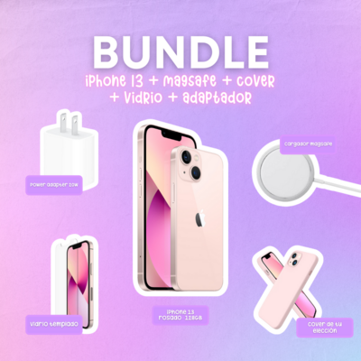 iPhone 13 rosado de 128GB + adaptador 20W + cargador magsafe + cover + vidrio templado