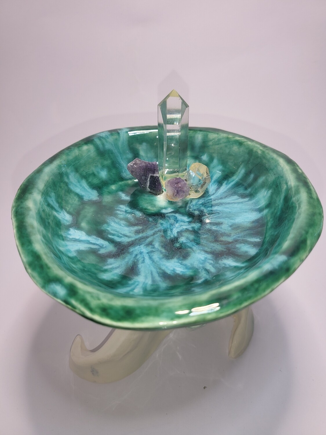 Tree Bowl - Green Bowl with White Trunk with Amethyst and Clear Quartz