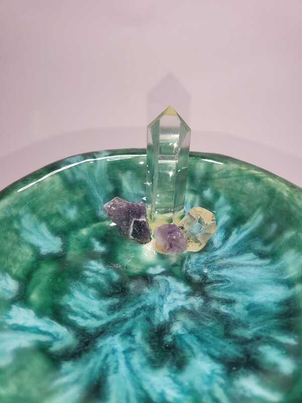 Tree Bowl - Green Bowl with White Trunk with Amethyst and Clear Quartz
