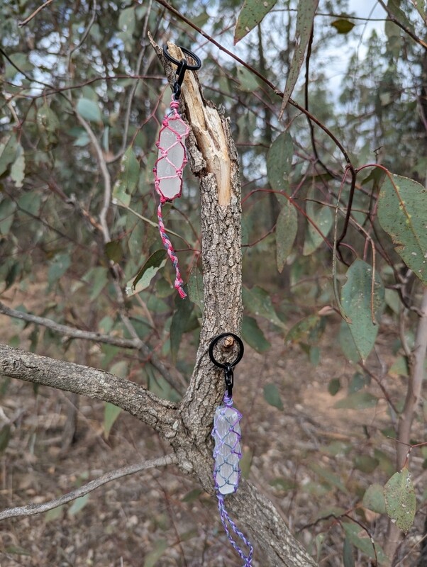 Clear quartz hand knotted in pink cord keyring/keychain and selenite wand hand knotted in purple cord keyring/keychain
