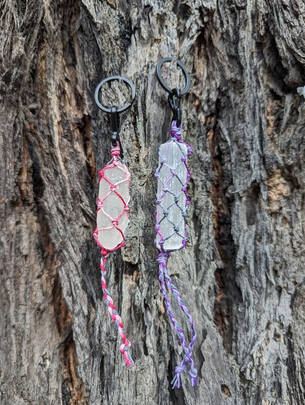 Clear quartz hand knotted in pink cord keyring/keychain and selenite wand hand knotted in purple cord keyring/keychain
