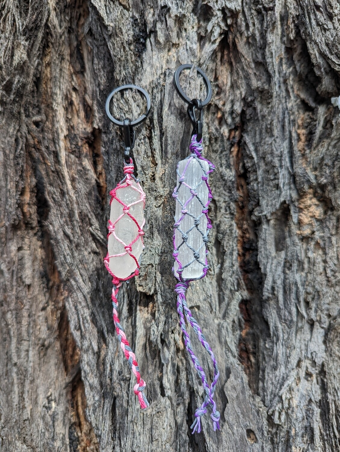 Clear quartz hand knotted in pink cord keyring/keychain and selenite wand hand knotted in purple cord keyring/keychain