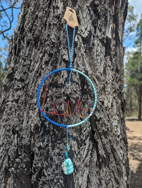 One of a kind twisted wire &quot;Love&quot; Suncatcher/Hanger, with Blue Aragonite