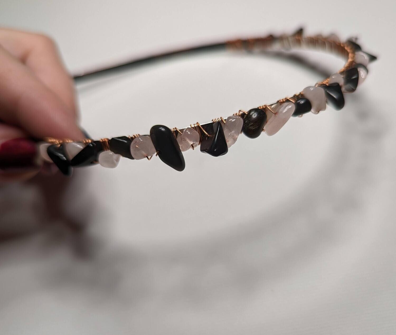 Obsidian and rose quartz crystal headband
