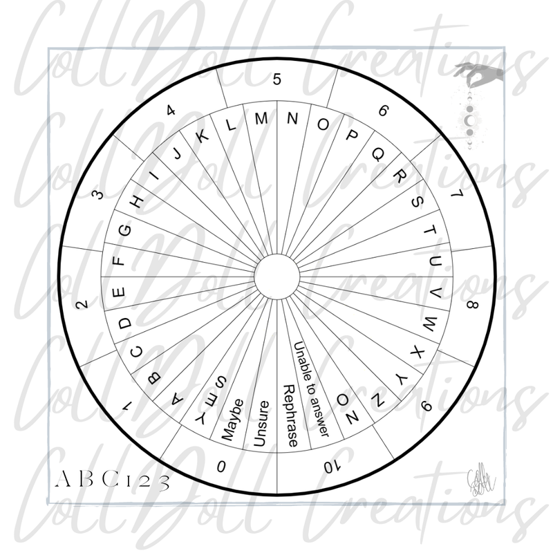 ABC and 0-10, including Yes, Maybe, Unsure, Rephrase, Unable to Answer and No answer options pendulum chart to assist with contacting and communicating with your Higher Self, Spirit Guides and Ancestors.