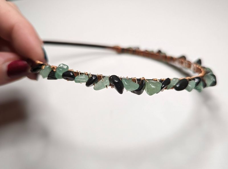 Green aventurine and obsidian crystal headband