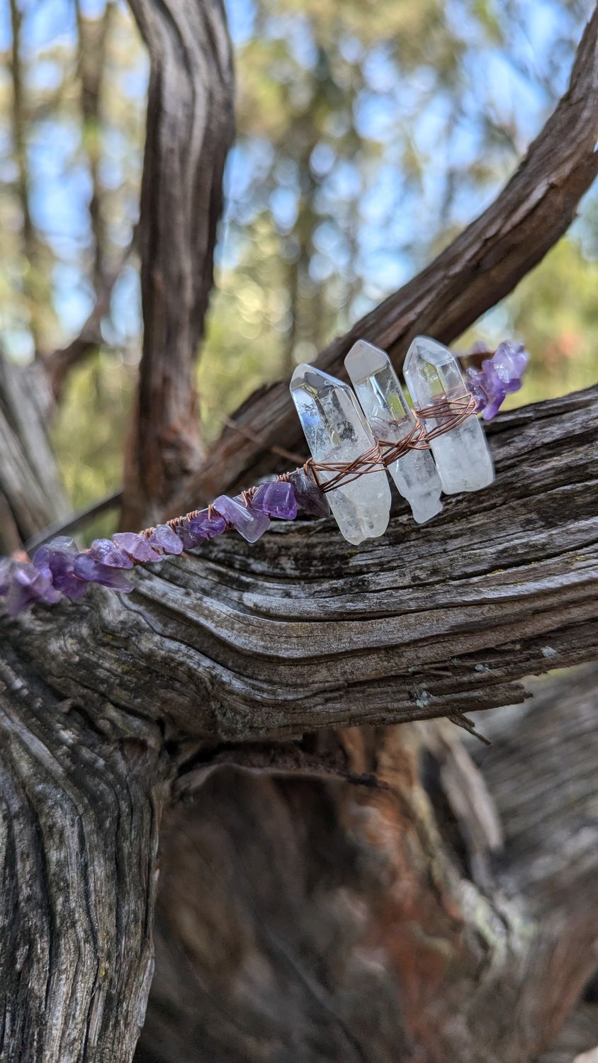 Amethyst with 3 Clear Quartz points Crystal Headband