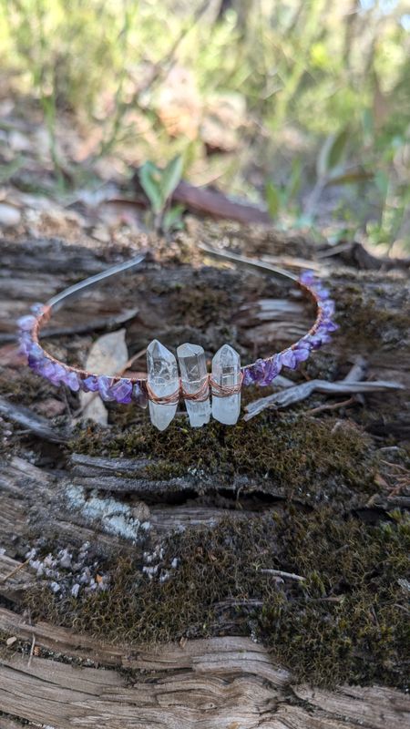 Amethyst with 3 Clear Quartz points Crystal Headband