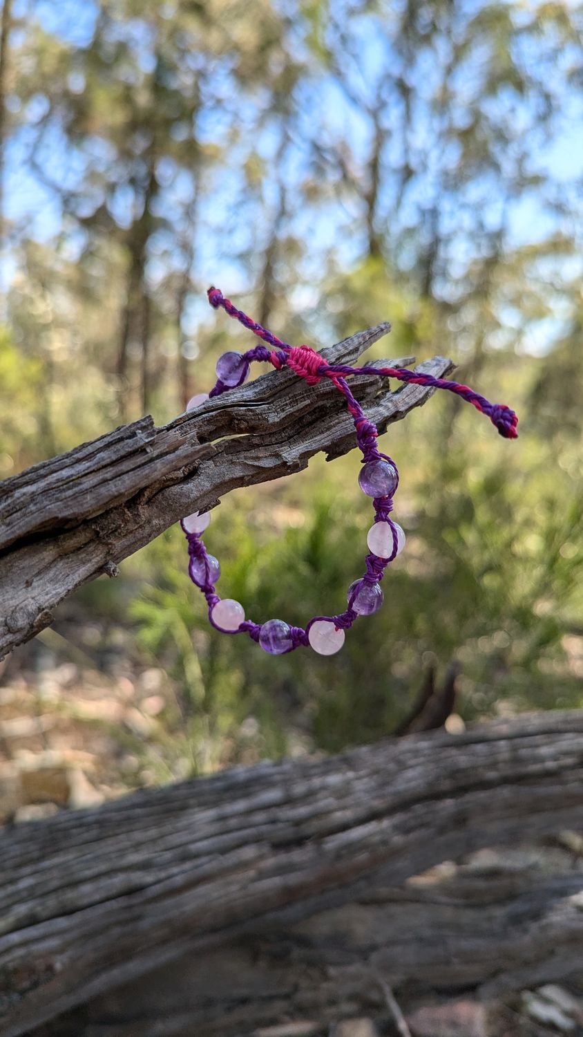 Purple and Pink Amethyst and Rose Quartz adjustable bracelet