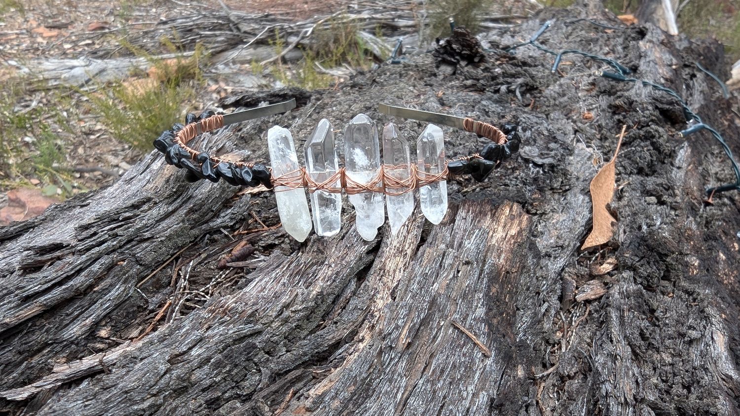 Obsidian and clear quartz crystal headband