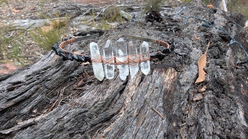 Obsidian and clear quartz crystal headband