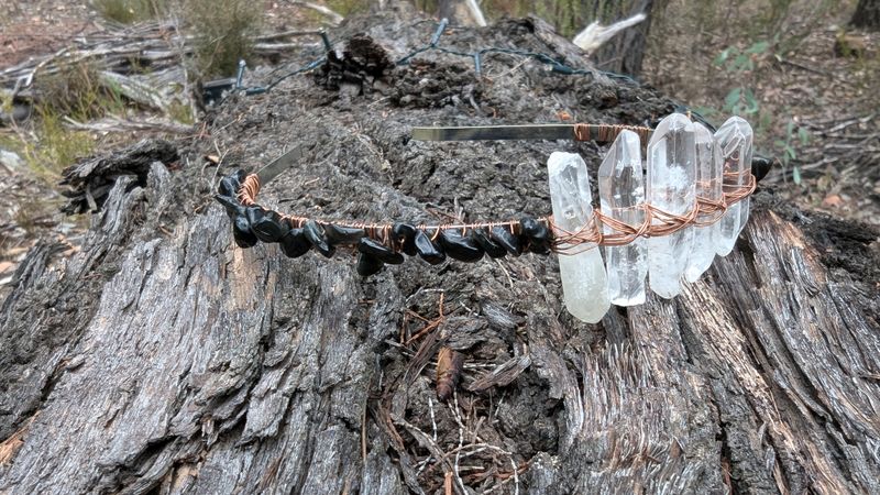 Obsidian and clear quartz crystal headband