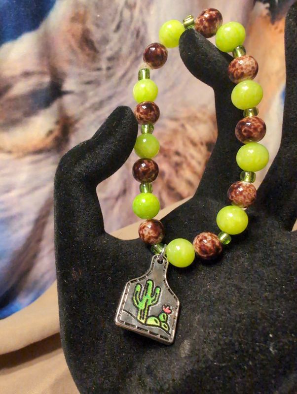 6" Green and Brown Bracelet with Cactus Charm
