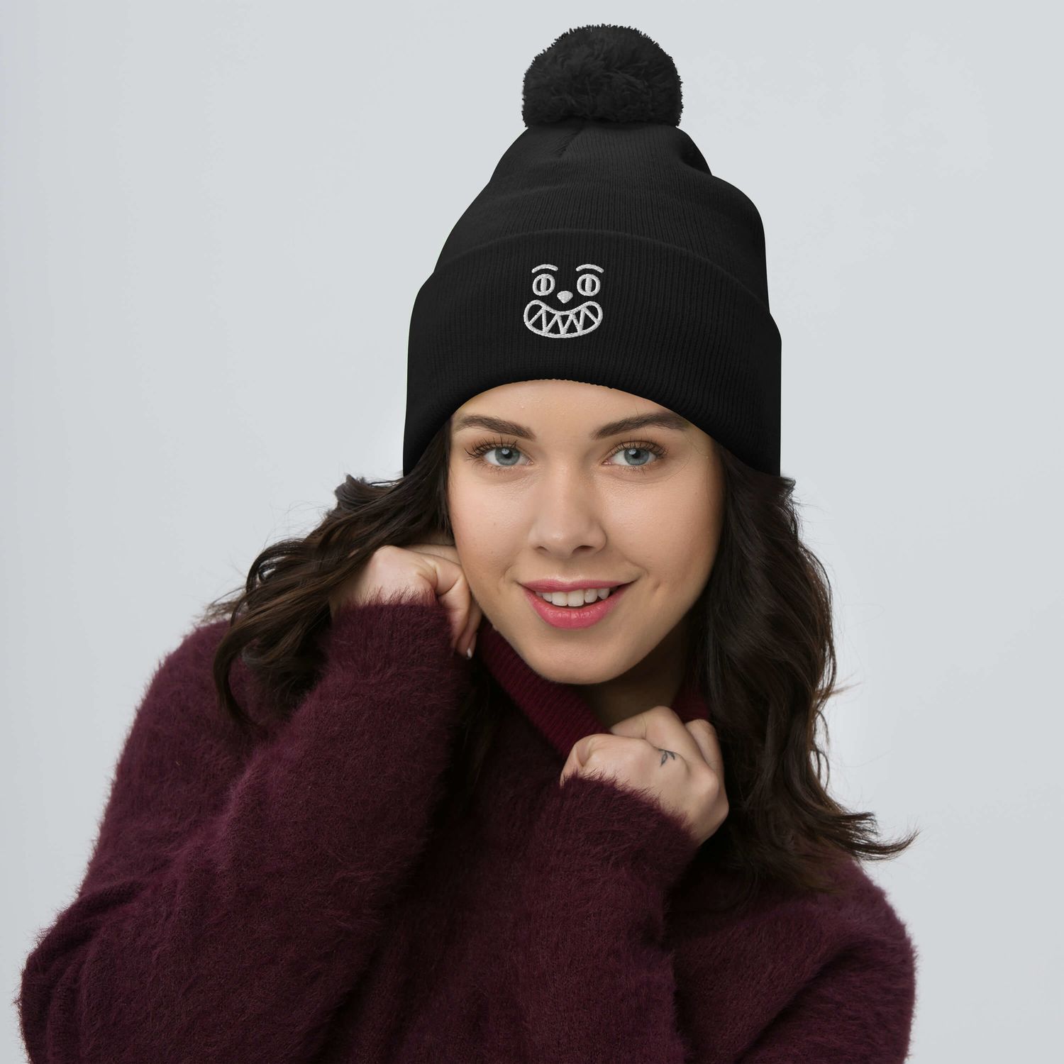 Smile Cringe Pom-Pom Beanie