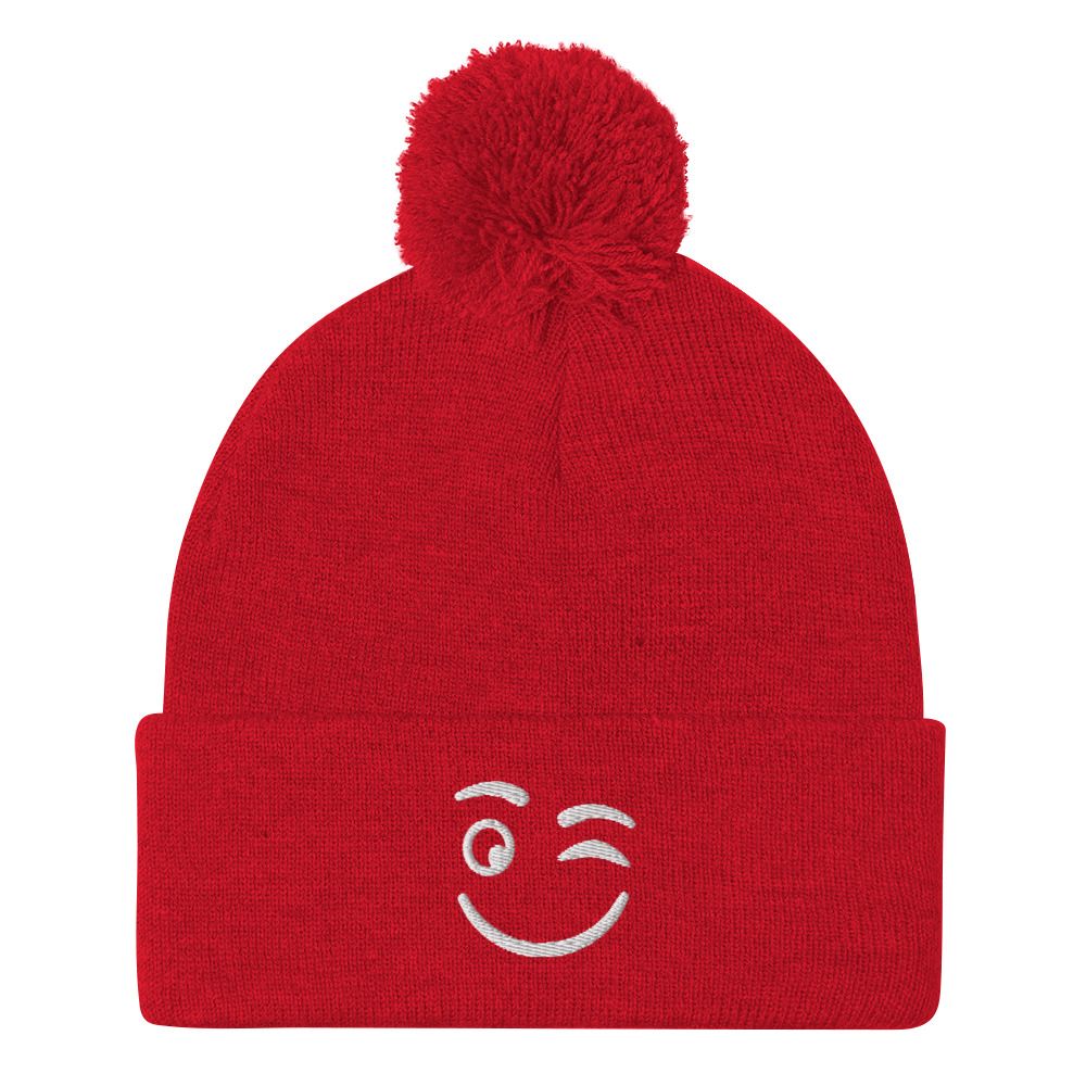 Winkey Face Pom-Pom Beanie