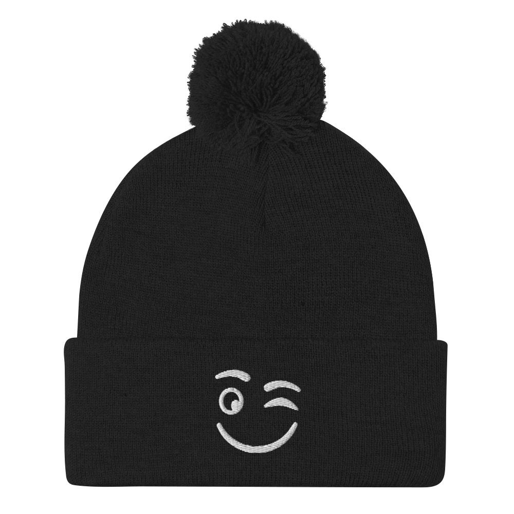 Winkey Face Pom-Pom Beanie