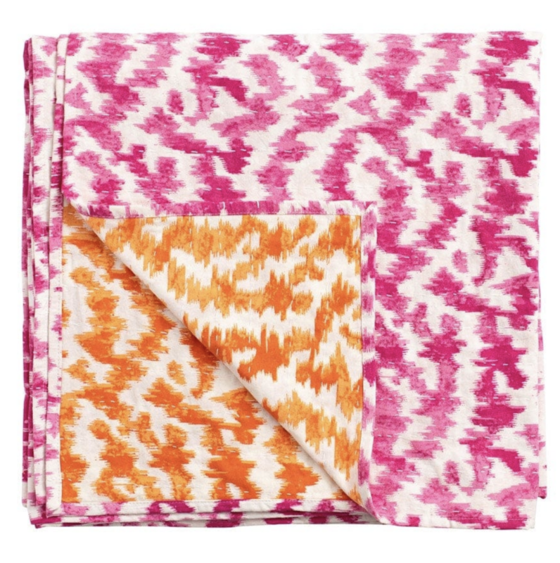 Reversible Modern Moire Kantha Table Cover: Orange &amp; Fuchsia