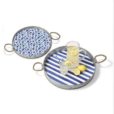 Santorini Watercolor Blue and White Striped Tray with Rope Handles