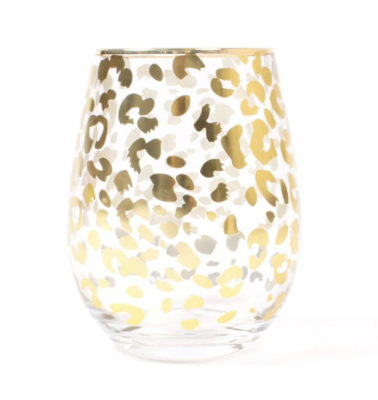 Glass - Stemless Wine - Gold Leopard