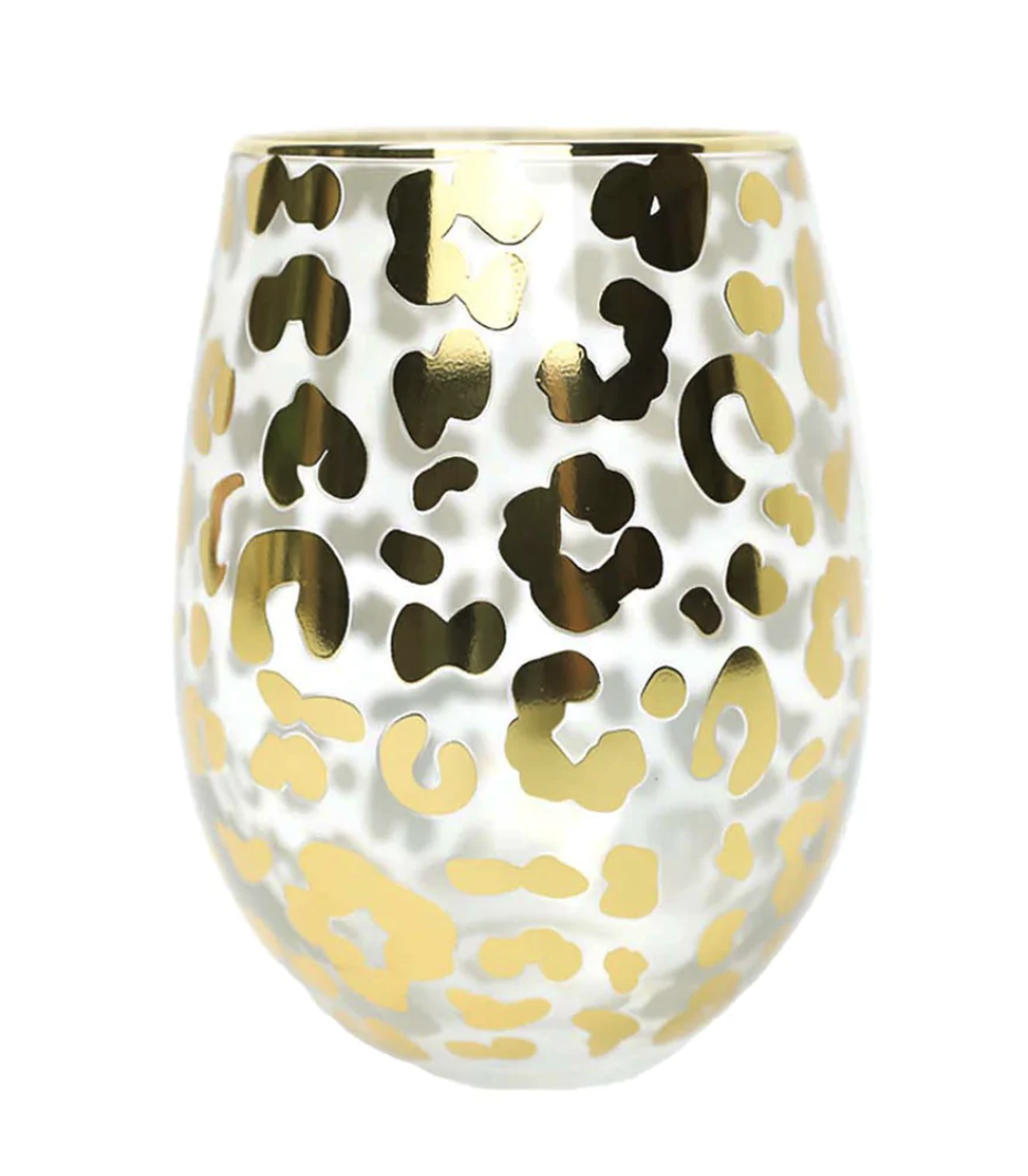 Glasses - Stemless Wine - Gold Leopard
