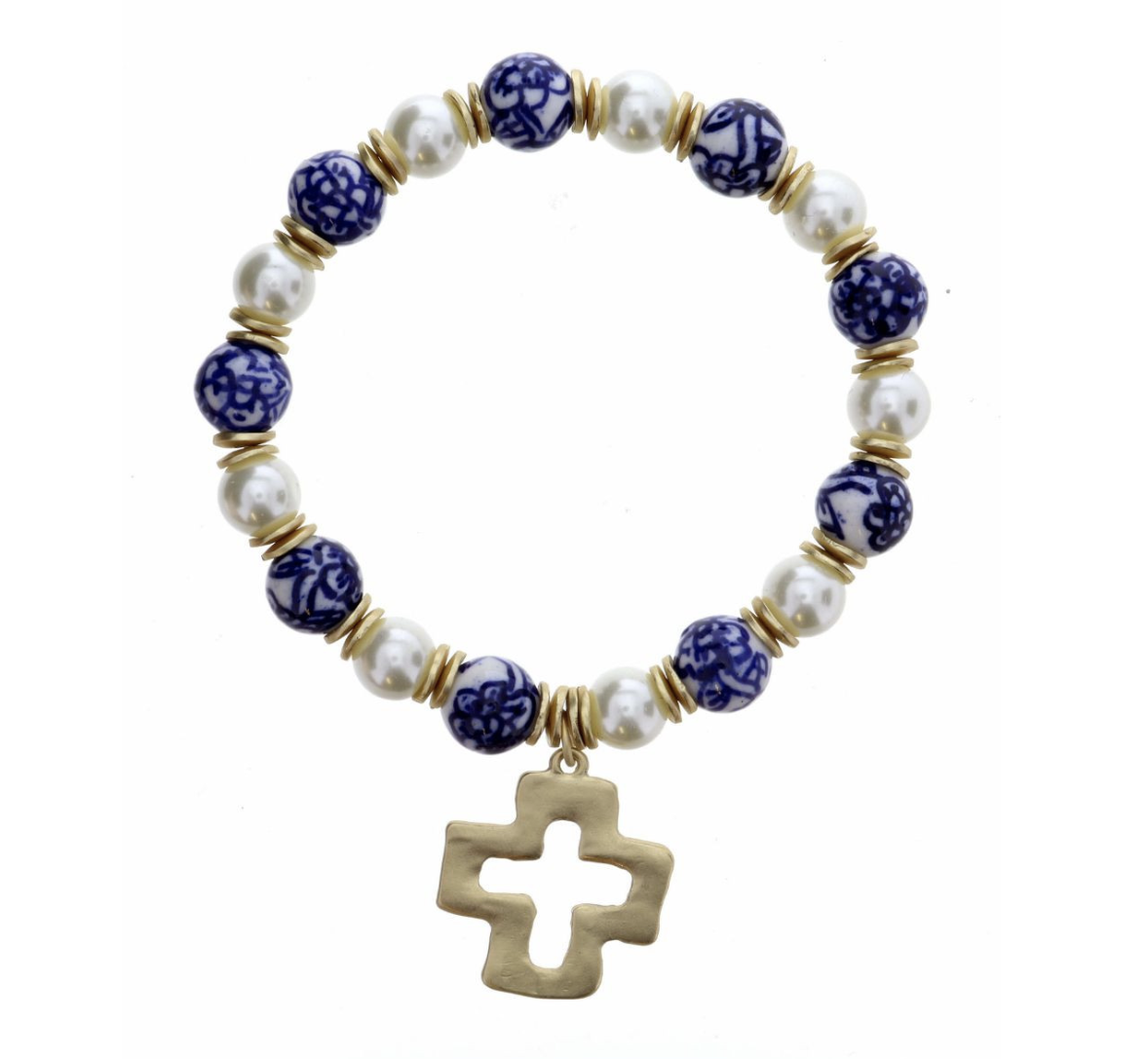 Jewelry - Bracelet - Open Square Cross On Pearl + Blue Porcelain