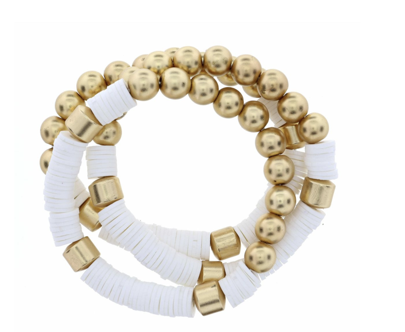 Jewelry - Bracelet - 3 Strand, Metal Beads + White Rubber Sequins Stack