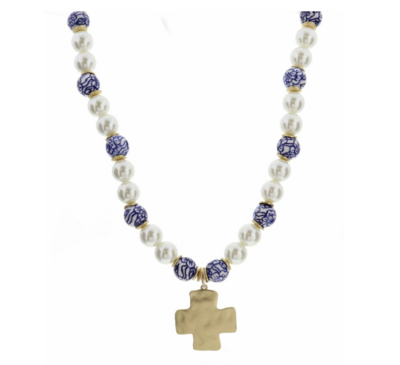 Necklace - Square Cross on Pearl + Blue Porcelain Beads - 16