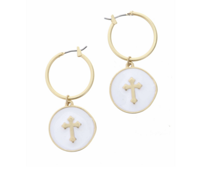 Earrings - White Epoxy Disc + Gold Cross Hoops