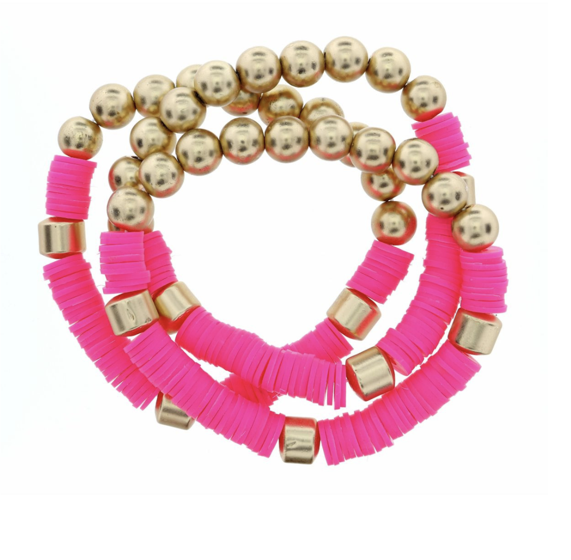 Jewelry - Bracelet - 3 Strand, Metal Beads + Hot Pink Rubber Sequins Stack