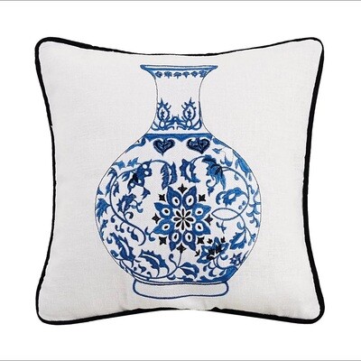 Pillow - Embroidered Chinoiserie Blue Ginger Vase - 16x16