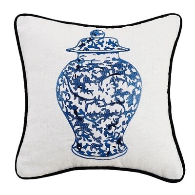 Pillow - Embroidered Chinoiserie Blue Ginger Jar 16x16