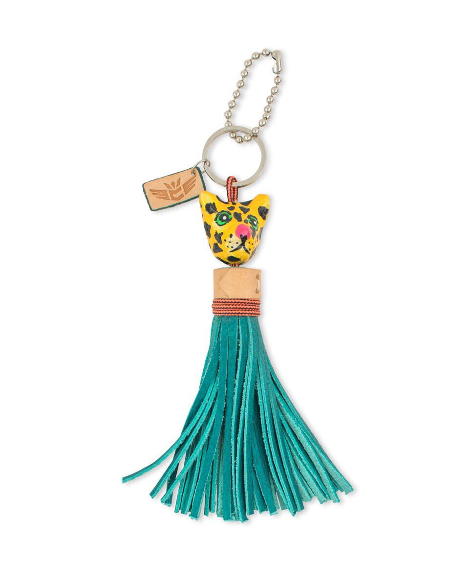 Key Chain - Paper Mache Tiger With Turquoise Leather Fringe