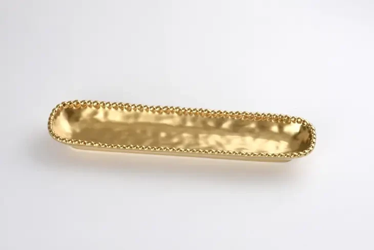 Tray - Porcelain - Cracker - Hammered Gold With Beads