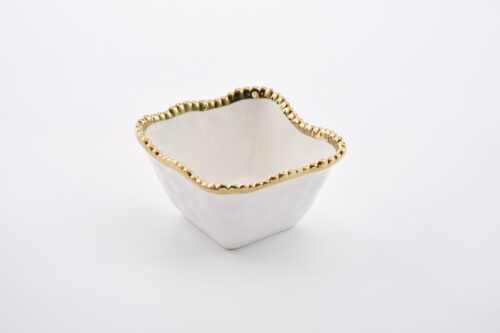 Bowl - Porcelain - Square Snack - White With Gold Beads